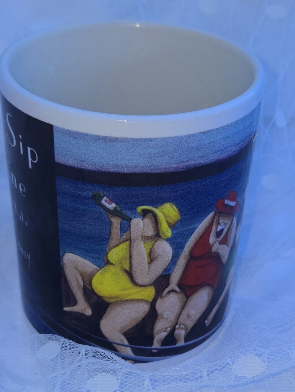 Ladies of The Lake - Just a Sip Wine Ceramic Mug - Yellow & Red Beach Figures